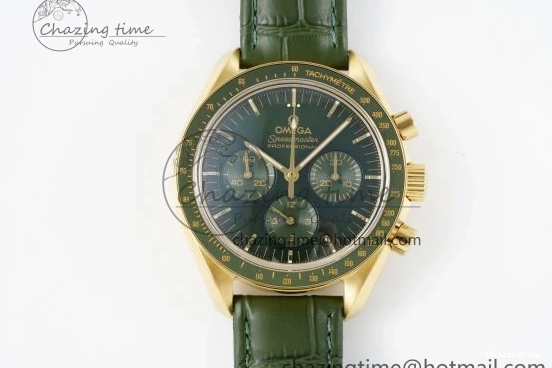 0205 Speedmaster Moonwatch in Moonshine Gold YG RMF Best Edition Green Dial on Green Leather Strap Manual Chrono EasyCare 7832